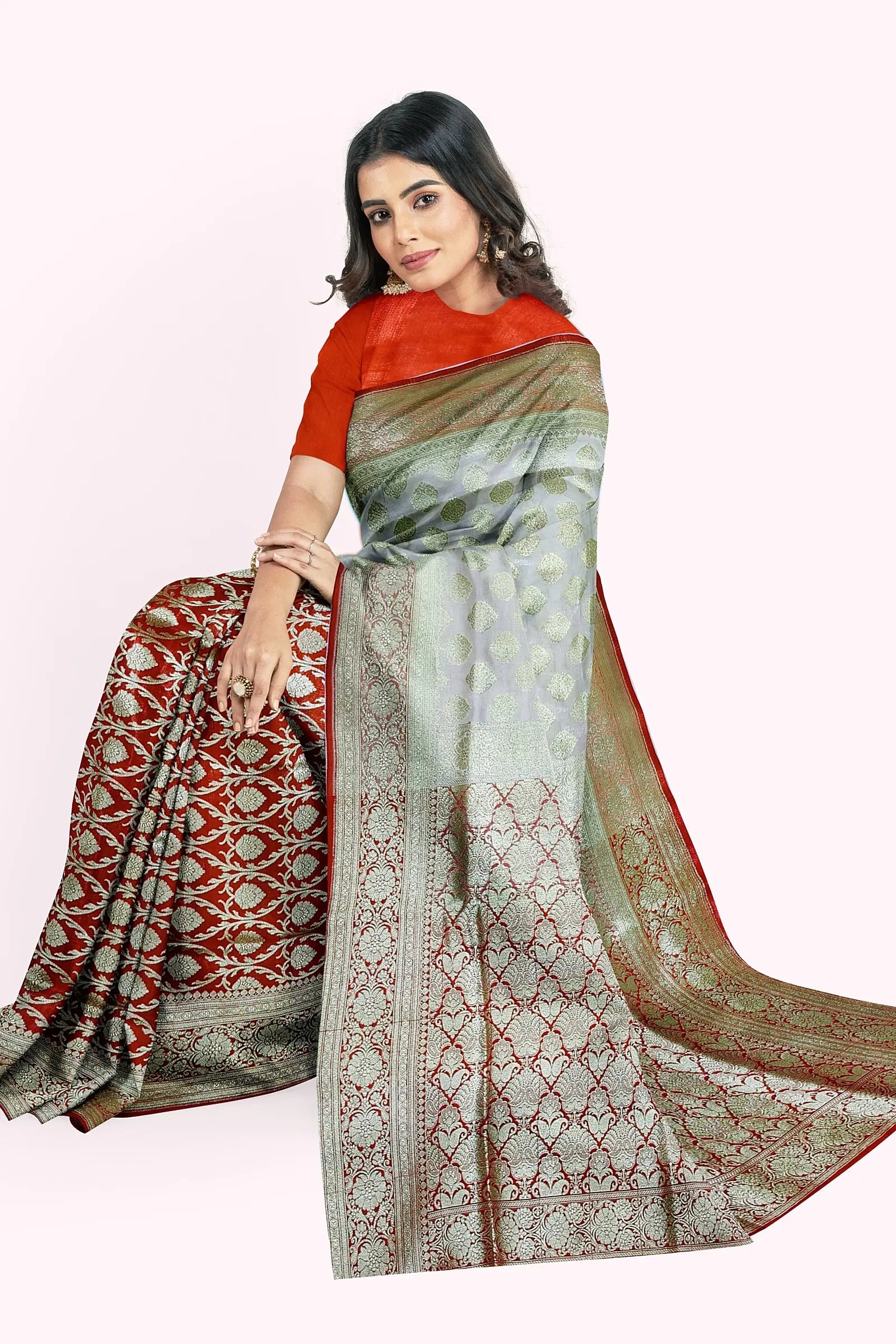 Katan Banarasi silk saree white orange Putul's fashion