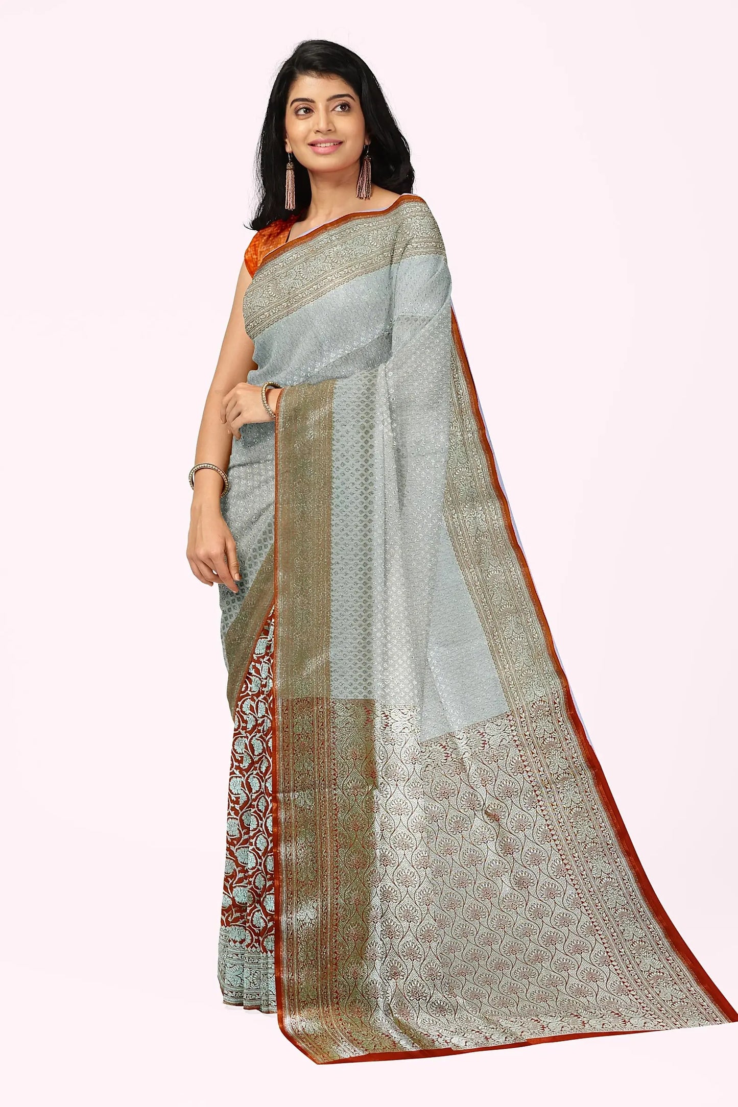 Katan Banarasi silk saree white orange Putul's fashion