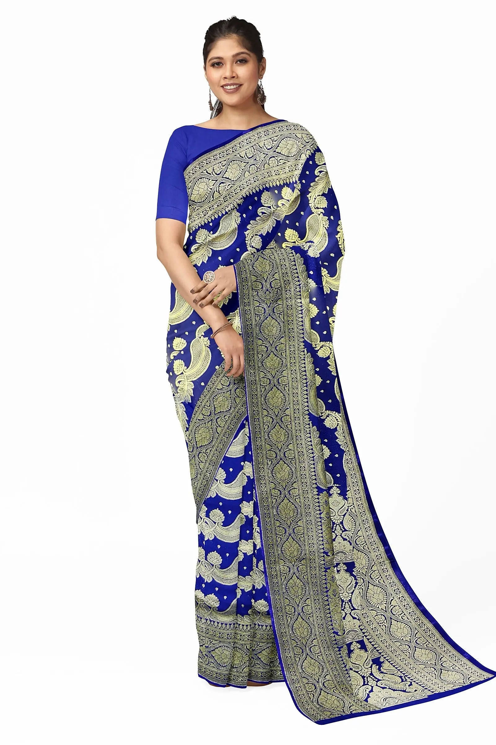 Indian Silk House Agencies Patli Pallu Banarasi Saree with Blouse Piece,  ISKA99787, Yellow & Blue