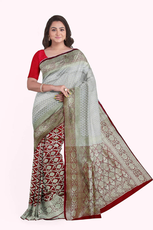 Katan benarasi silk saree white red Putul's fashion