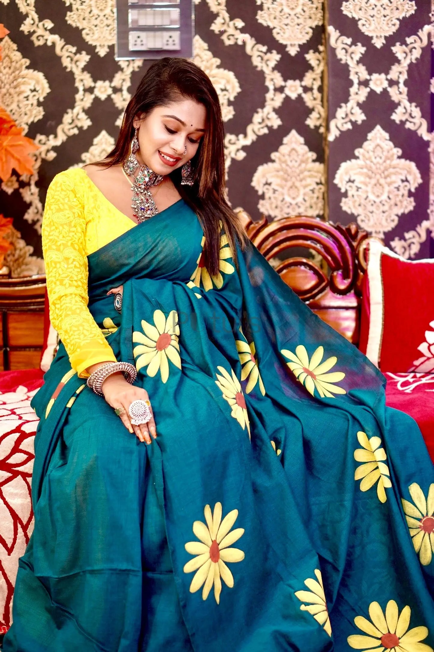 Khadi cotton saree handpainting saree chandramallika Putul's Fashion