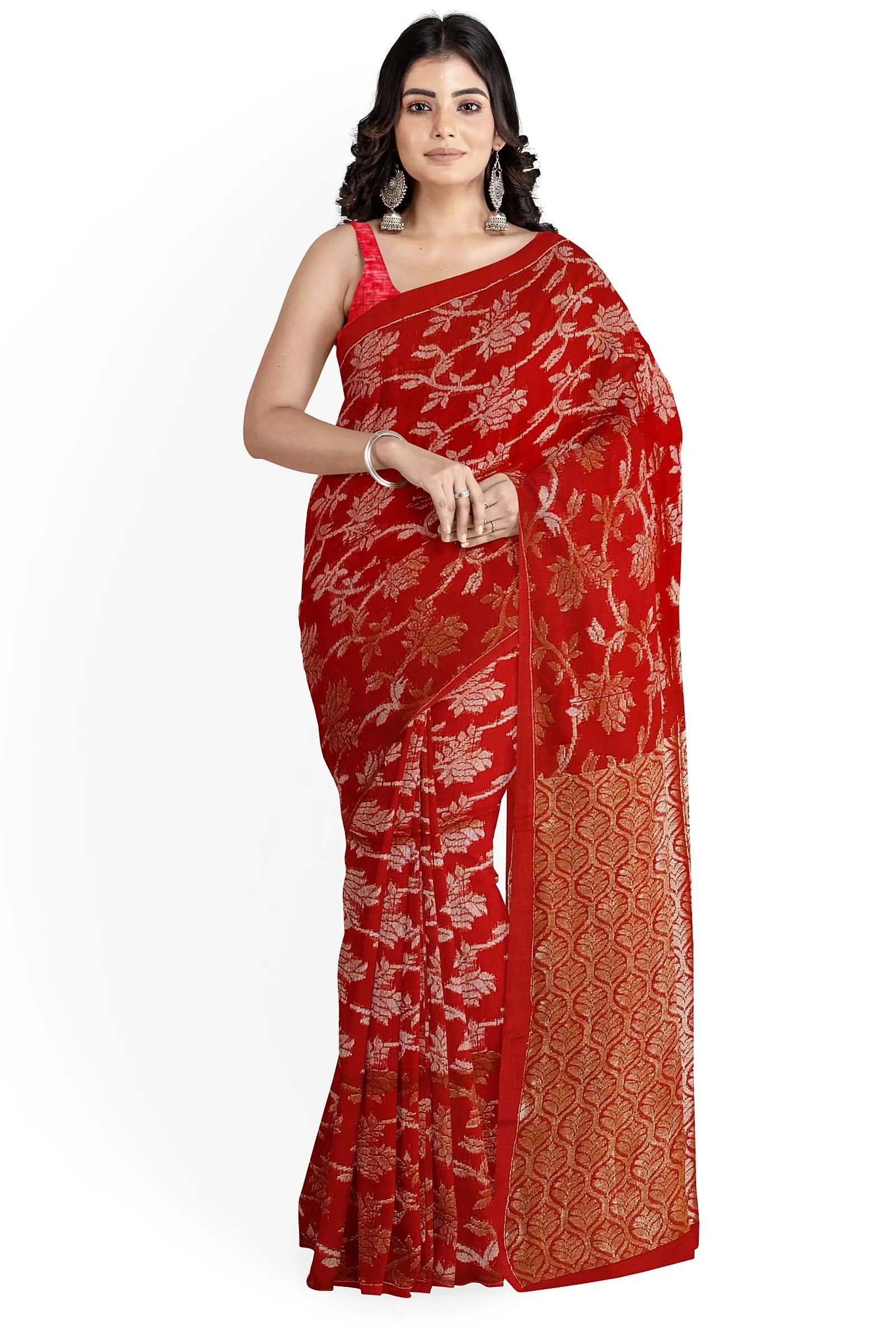 Linen Banarasi saree crimson red Putul's fashion
