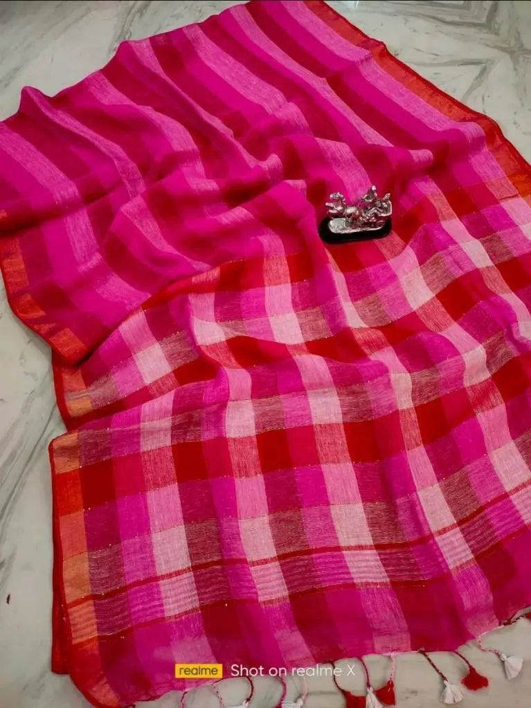Linen check motif saree Putul's fashion