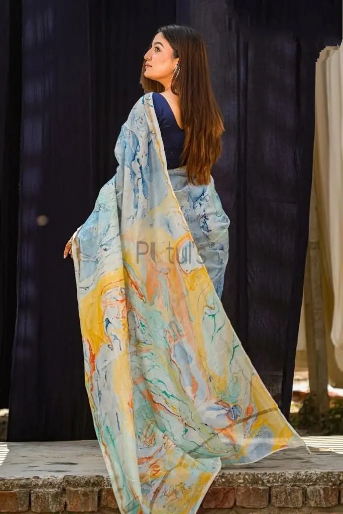 Linen digital print saree with blouse Putul's Fashion