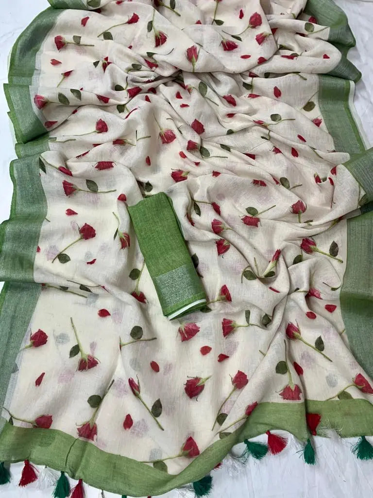 Linen saree digital print original quality Putul's fashion