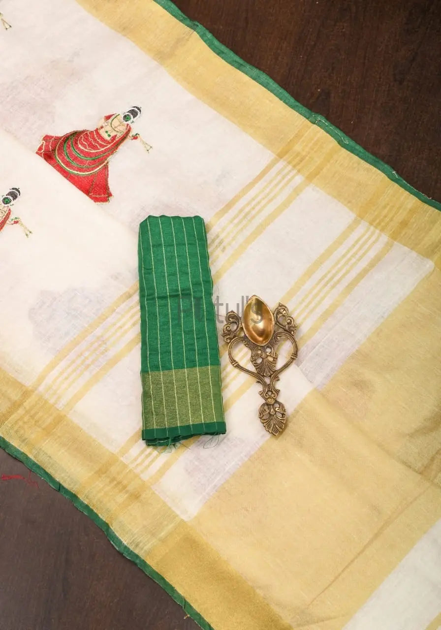 Linen saree with beautiful dancing lady on the saree Putul's Fashion
