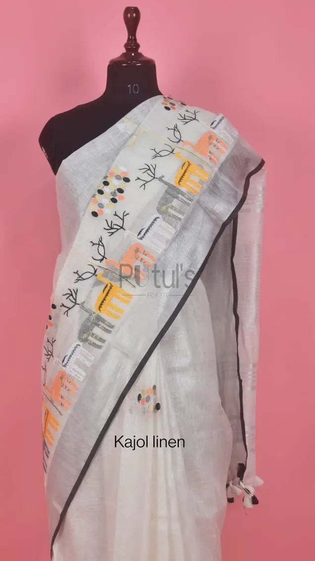 Linen silk zari border computer embroidery Putul's Fashion