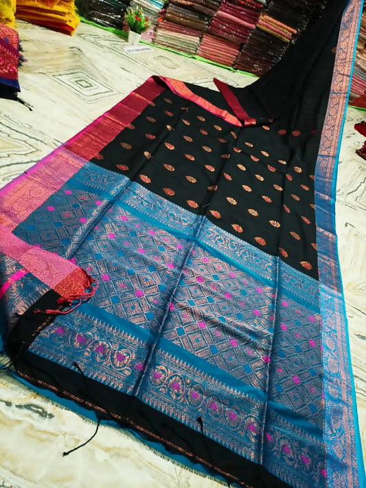 Mercerised cotton black saree Ganga Yamuna border putuls fashion