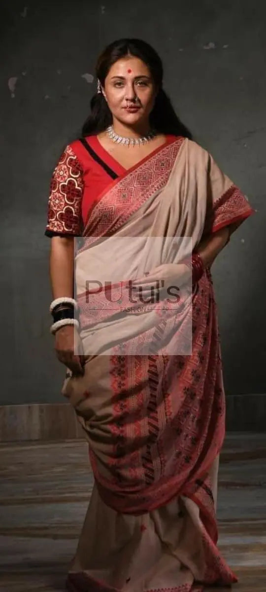 Mercerised khadi Beige cotton saree Putul's fashion