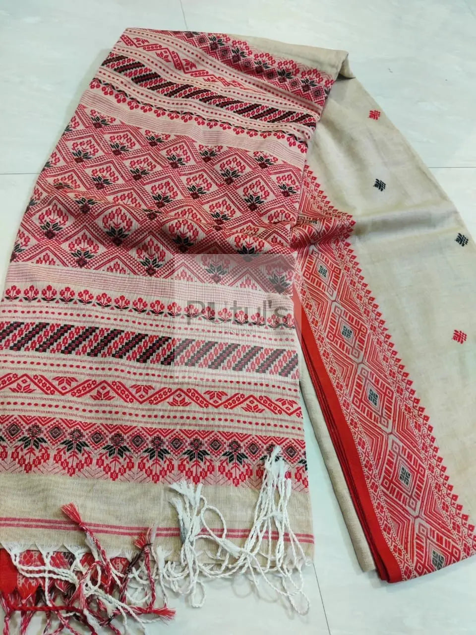 Mercerised khadi Beige cotton saree Putul's fashion