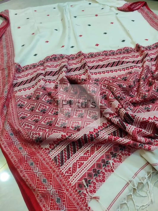 Mercerised khadi cotton saree white red Putul's fashion