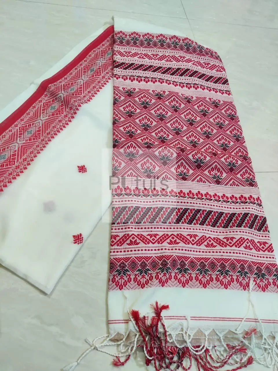 Mercerised khadi cotton saree white red Putul's fashion