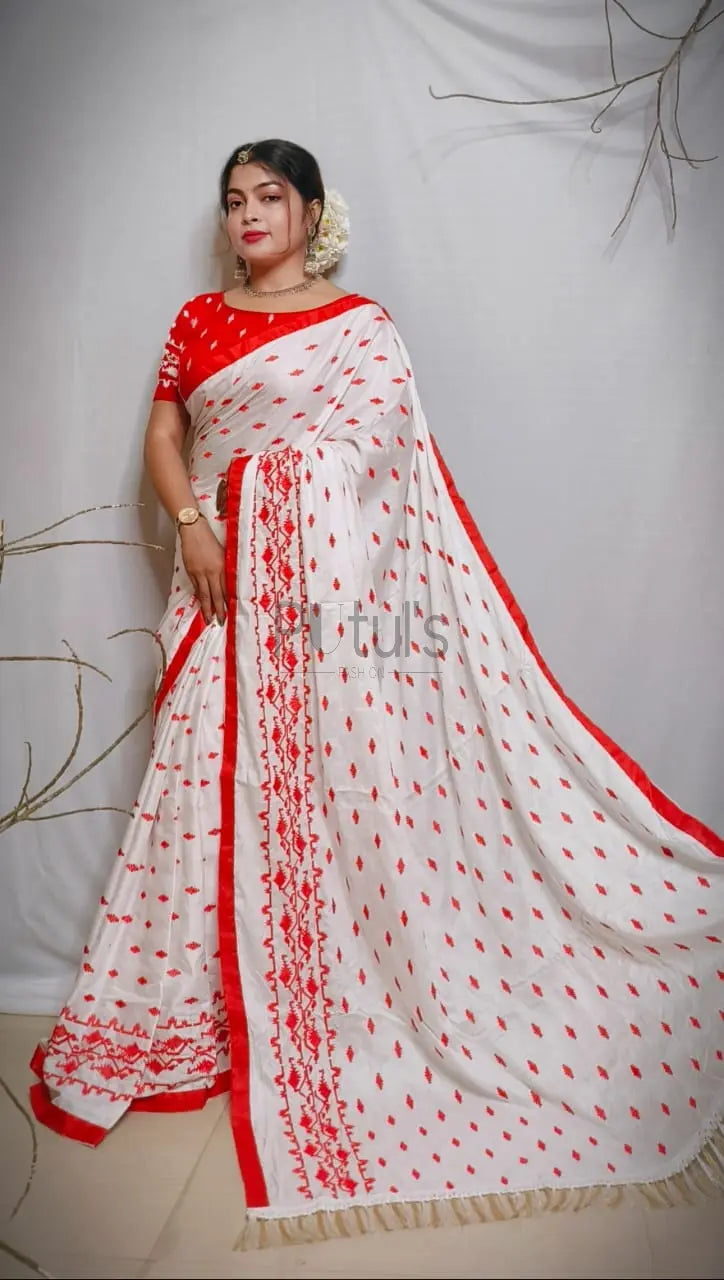 Mix n match Rayon korat embroidery saree with free size blouse (upto 38 size alterable) Putul's Fashion