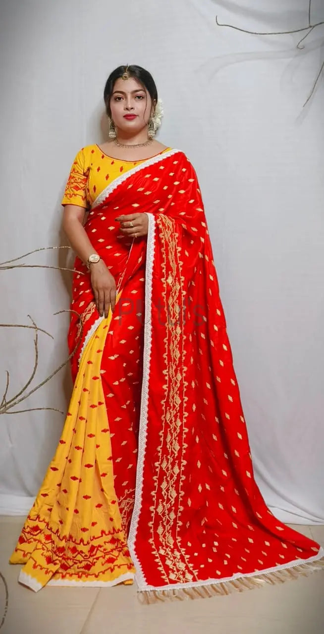 Mix n match Rayon korat embroidery saree with free size blouse (upto 38 size alterable) Putul's Fashion