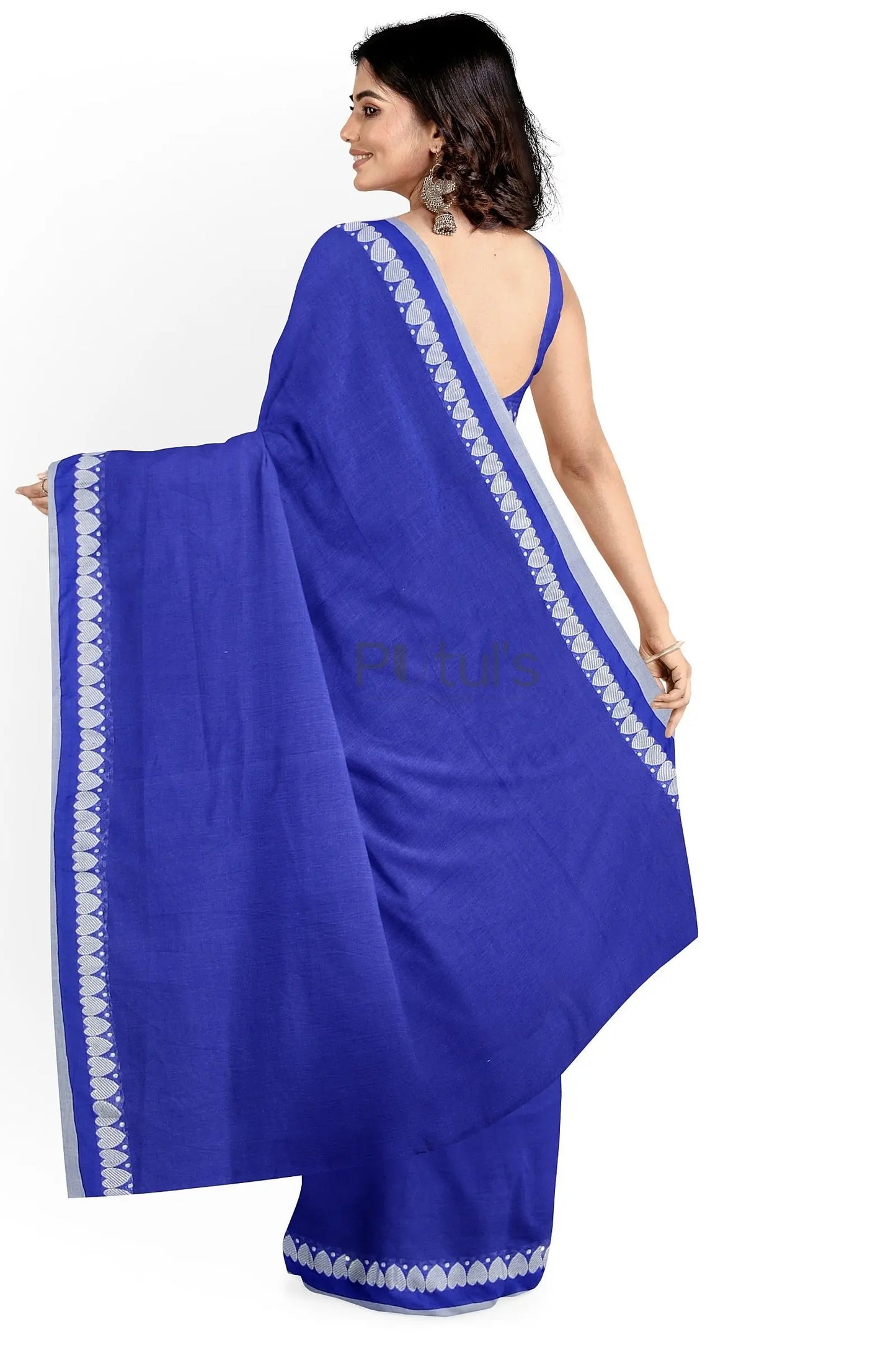Navy blue Khadi cotton saree love weaving on border Putul's Fashion