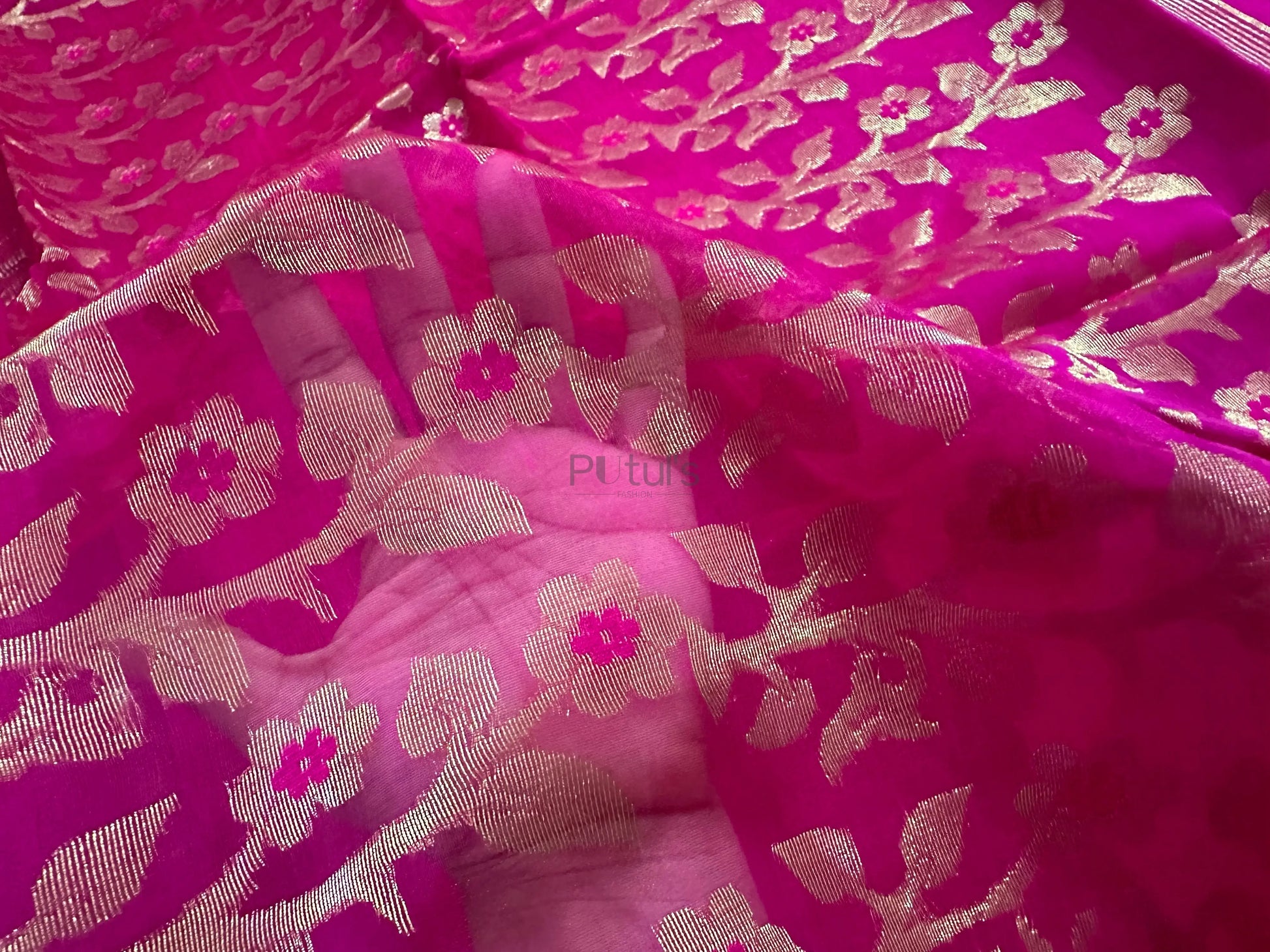 Rani coloured Muslin saree of golden meenakari work Putul's Fashion
