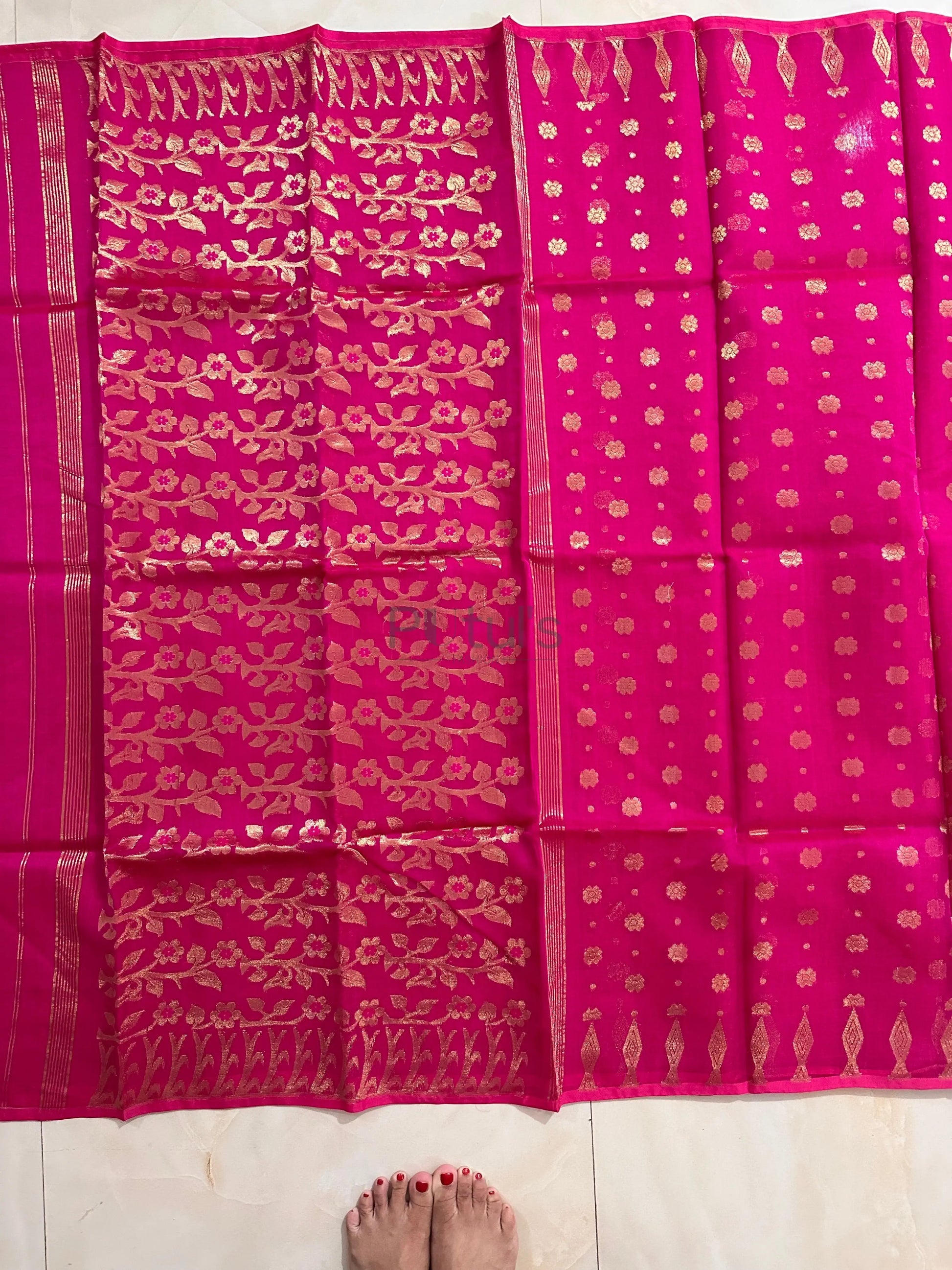 Rani coloured Muslin saree of golden meenakari work Putul's Fashion
