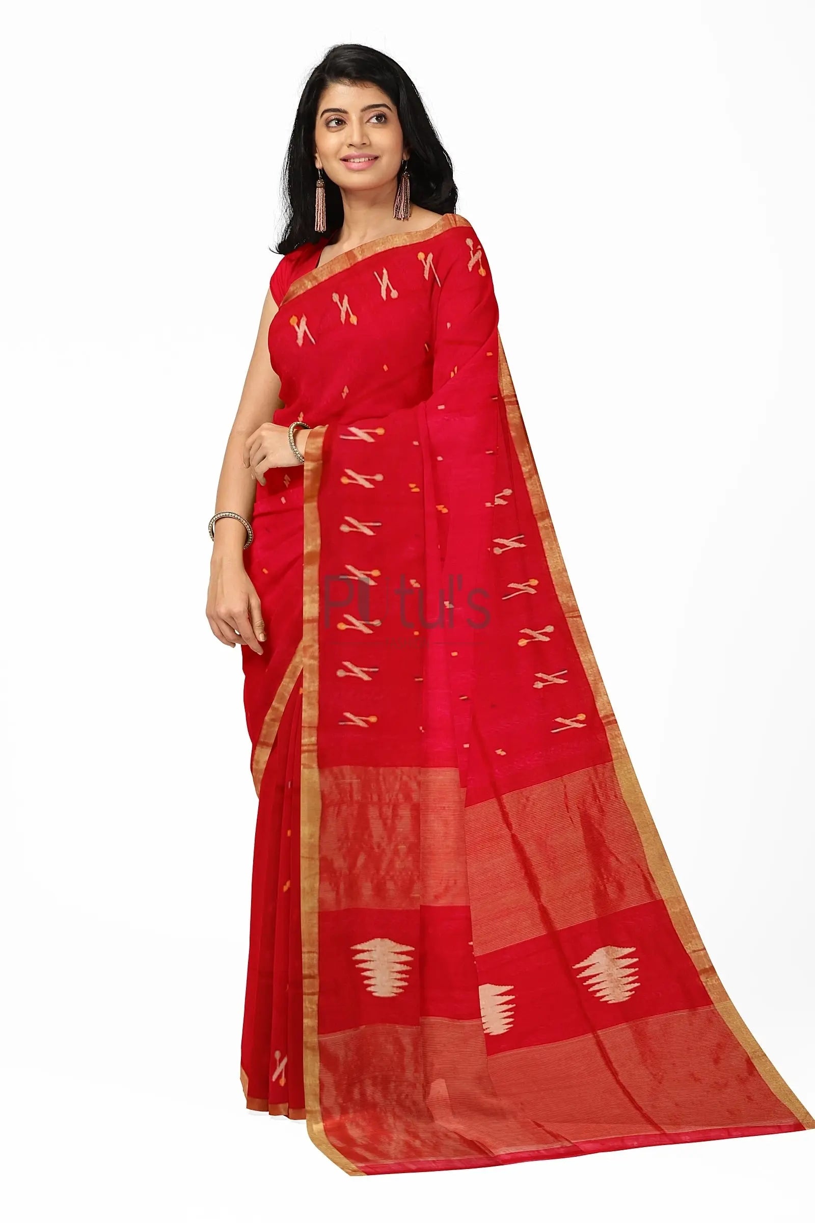 Red and black coloured handloom saree Putul's Fashion