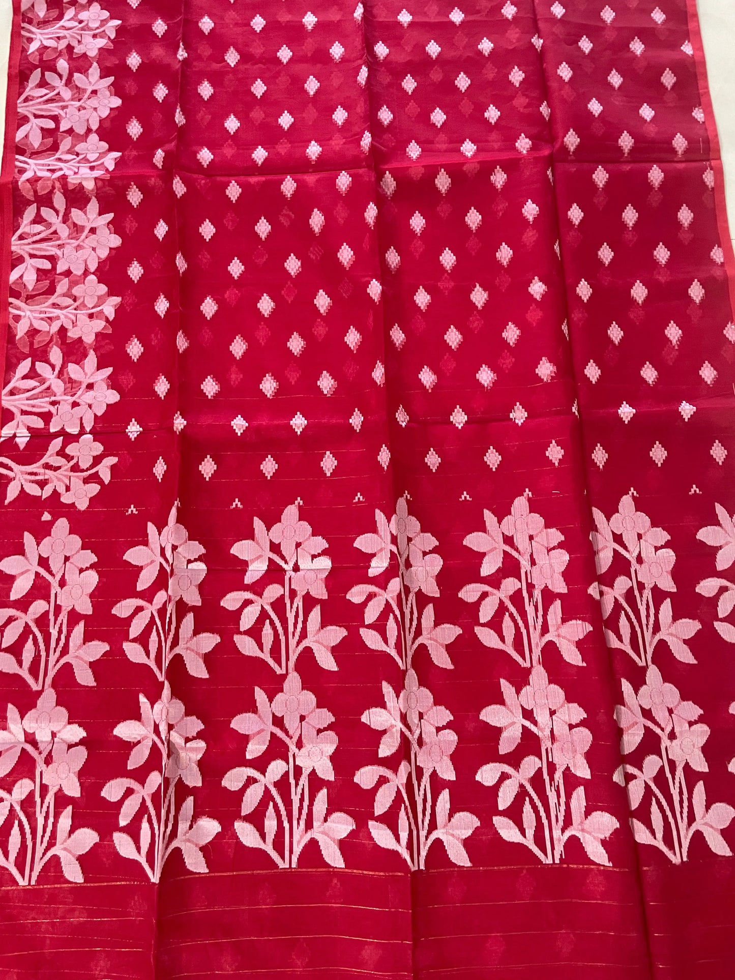 RedMuslin jamdani saree with blouse Putul's Fashion