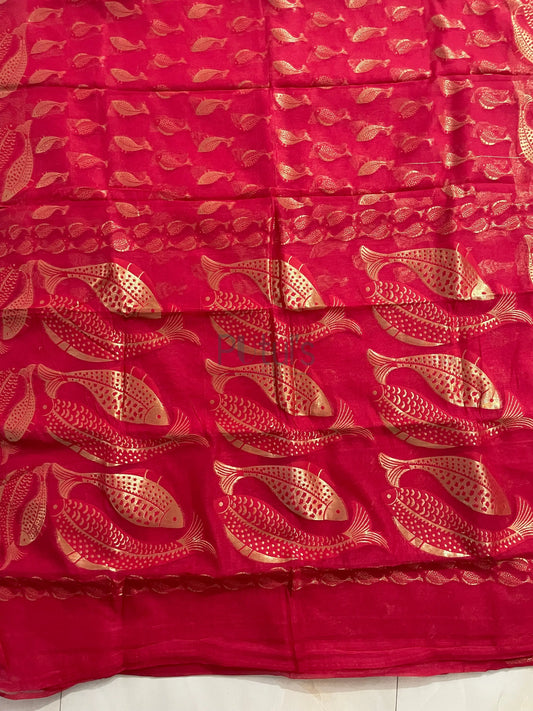 Resham Dhakai jamdani saree fish motif of golden work Putul's Fashion
