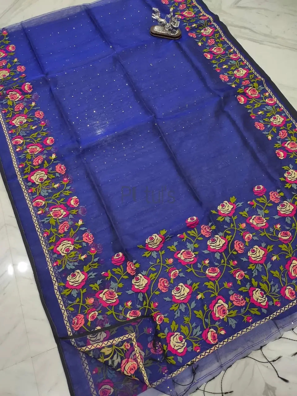 Rose parsi embroidery on Muslin saree Putul's Fashion