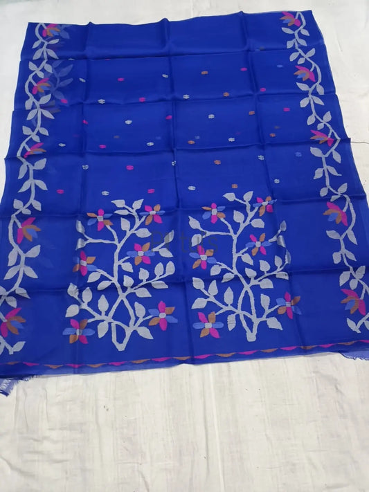 Royal blue Muslin jamdani flower on border( 7-10 days on making) Putul's Fashion