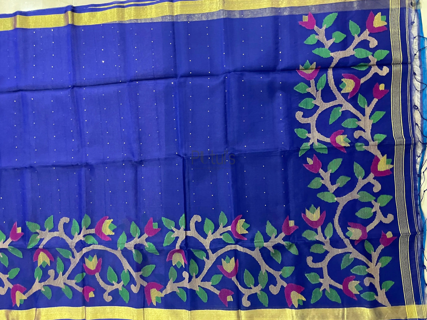 Royal blue Muslin jamdani saree with blouse and handweaving work Putul's Fashion