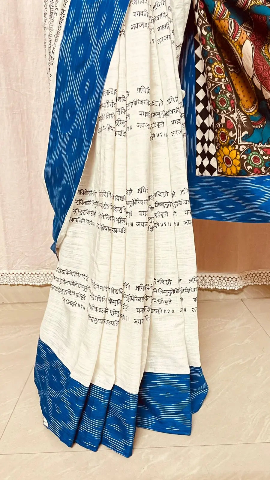 Sanskrit Script Block Print Khadi Cotton Saree Putul's Fashion