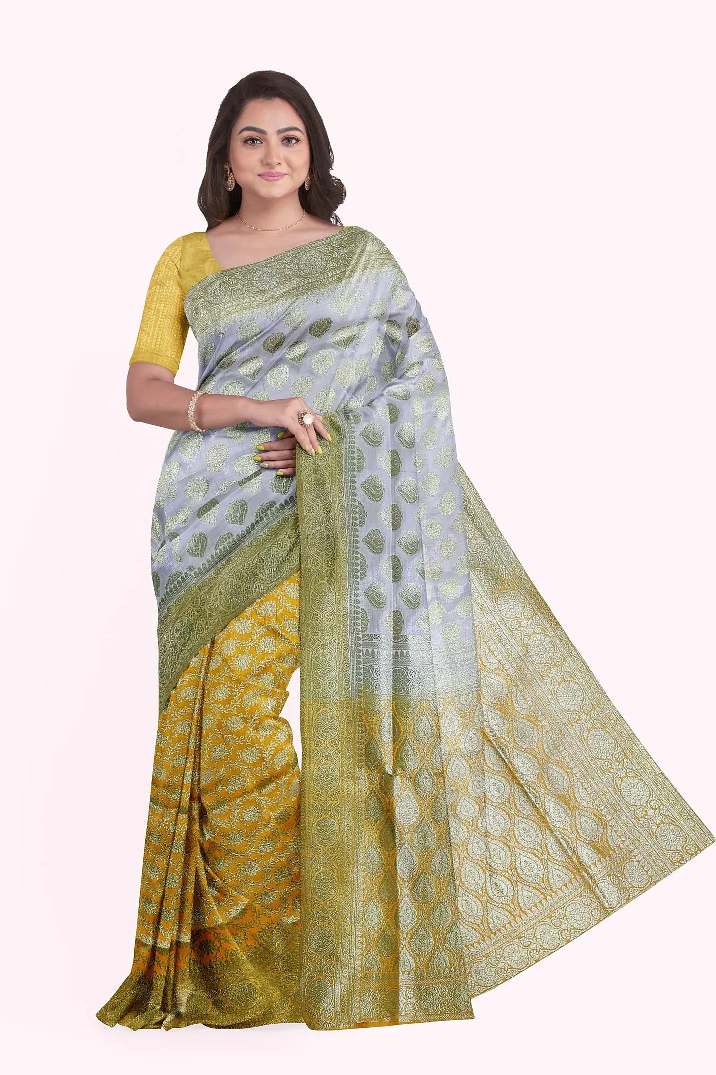 Semi Katan Banarasi silk (White yellow) My Store