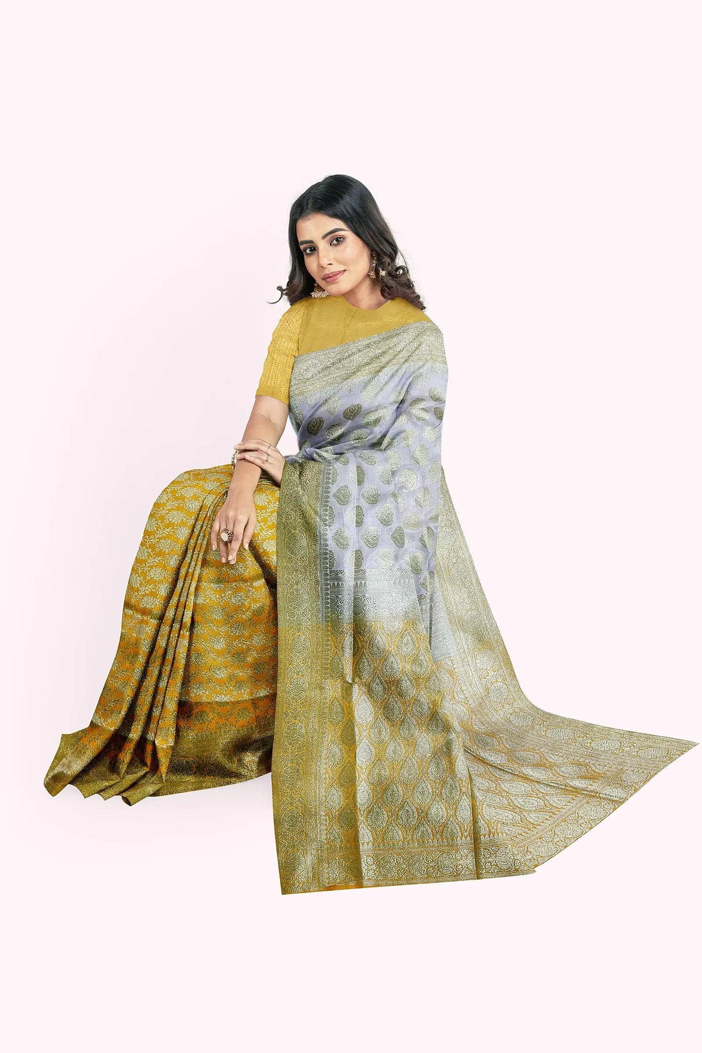 Semi Katan Banarasi silk (White yellow) My Store