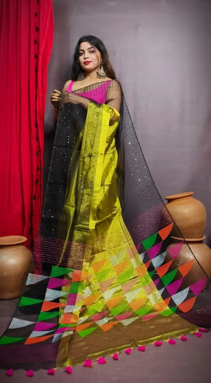 Temple border sequins muslin saree Putul's Fashion