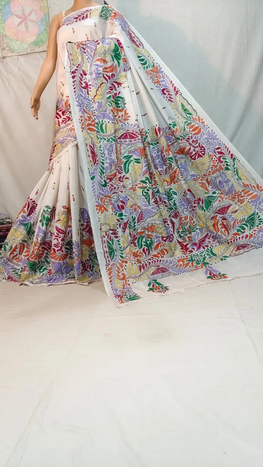 White Kantha stitch saree Putul's Fashion