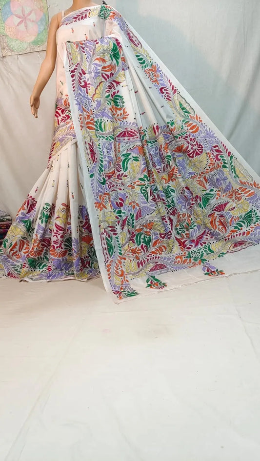 White Kantha stitch saree Putul's Fashion