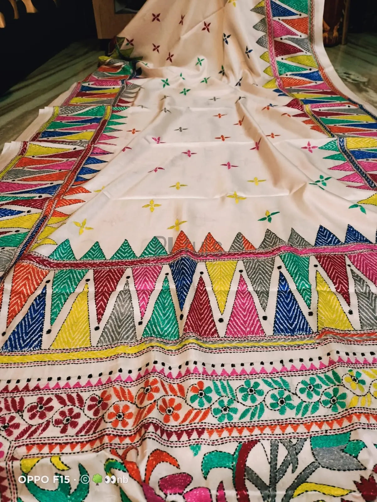White Kantha stitch saree on blended bangalore silk Putul's Fashion