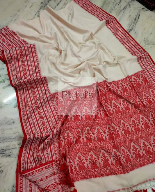 White red Puja special saree vintage collection Putul's Fashion