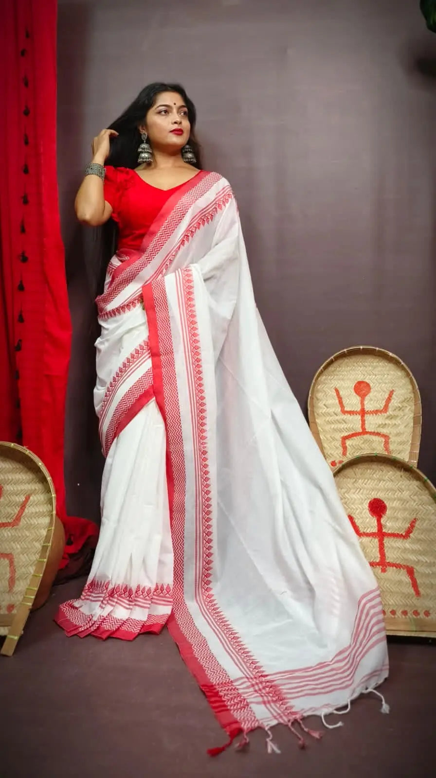 White red combination puja saree Putul's Fashion