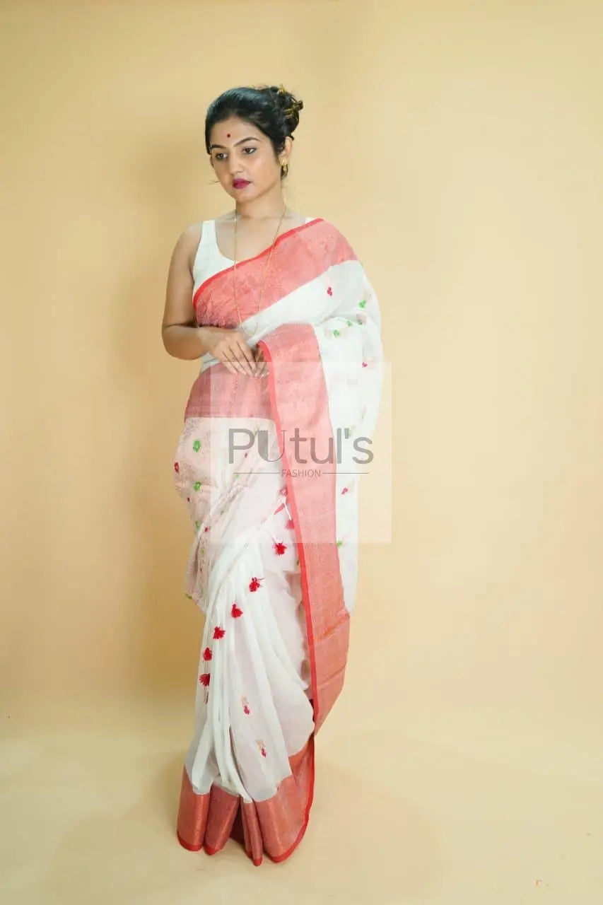 White red combination puja special saree Putul's Fashion