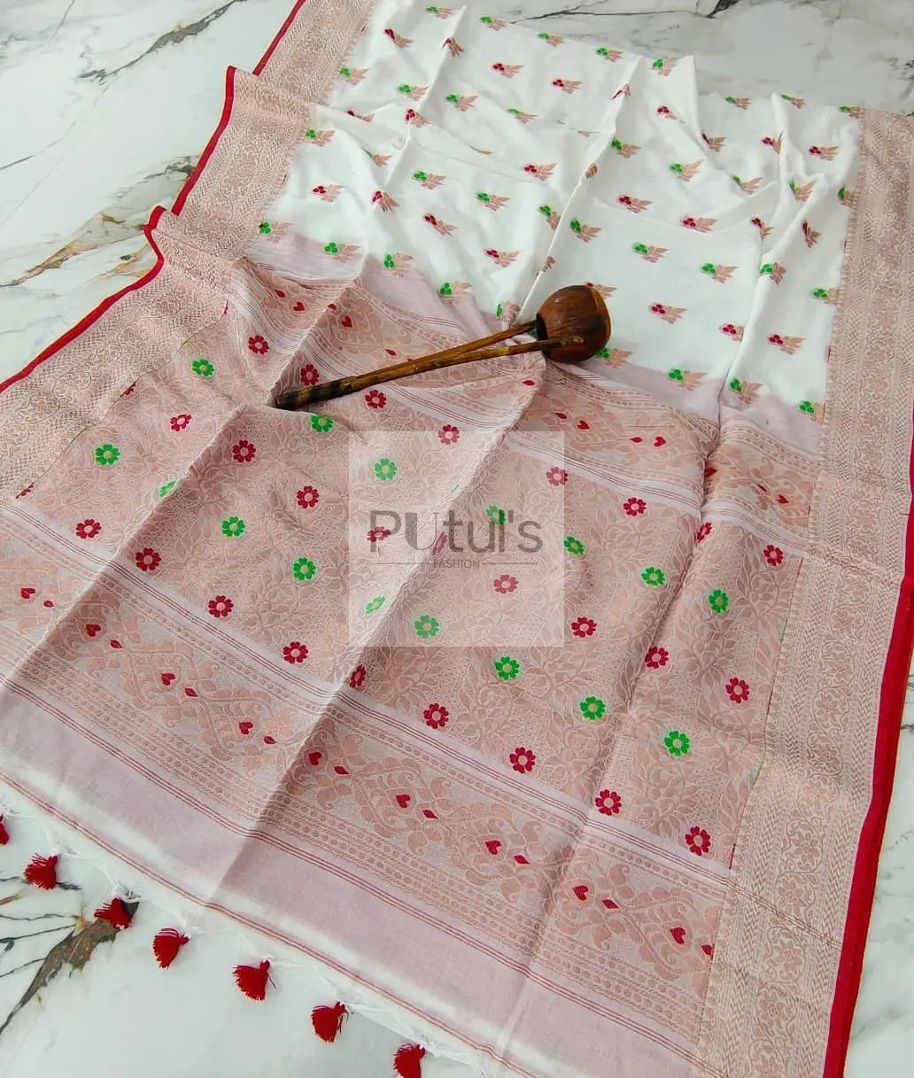 White red combination puja special saree Putul's Fashion
