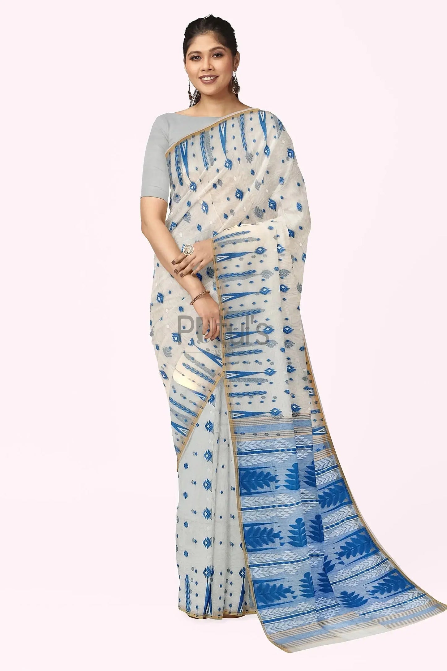 White resham dhakai Jamdani saree - Putul's Fashion