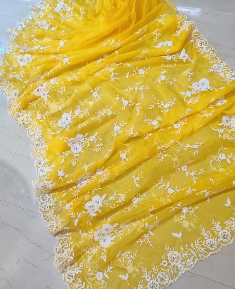 Yellow Organza silk saree of Kashmiri work Putul's Fashion