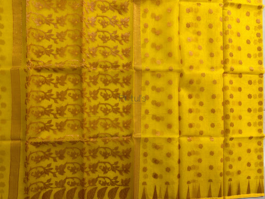Yellow coloured Muslin saree of golden meenakari work Putul's Fashion