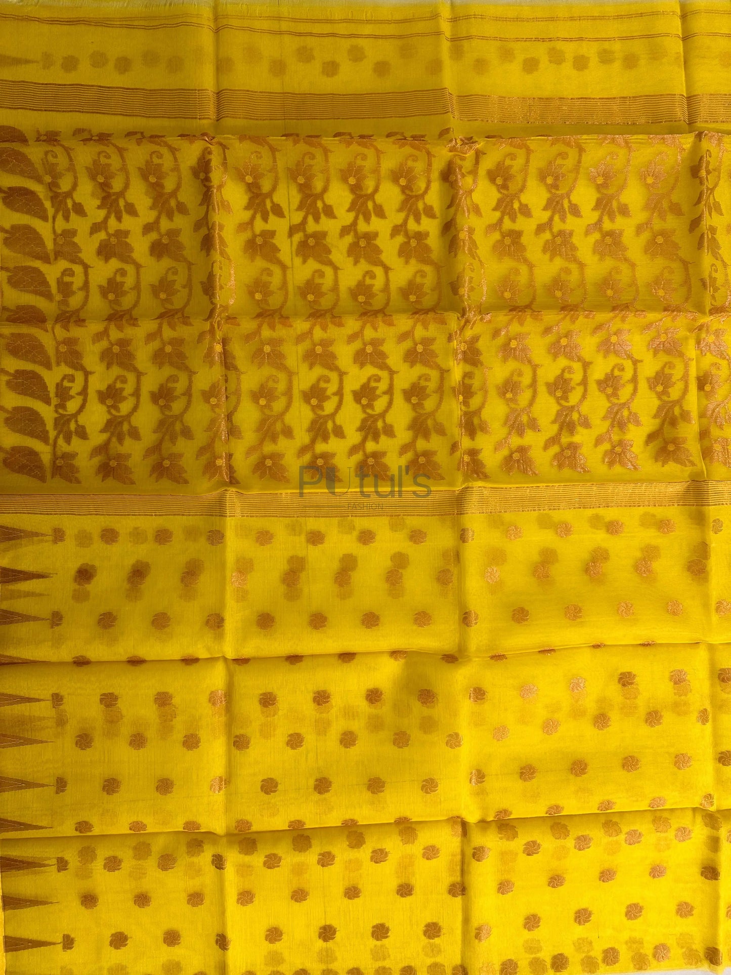 Yellow coloured Muslin saree of golden meenakari work Putul's Fashion