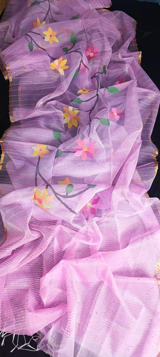 Muslin jamdani sare hand weaving sequins saree - Pink