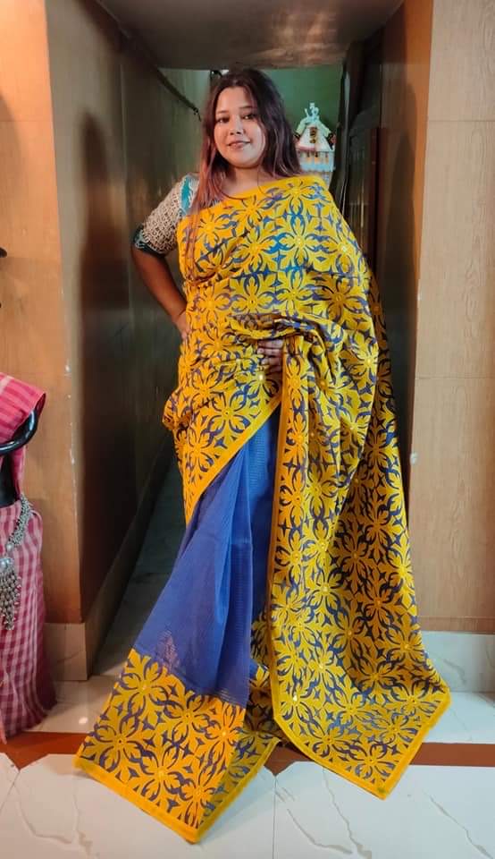 White Applique Saree - Blue