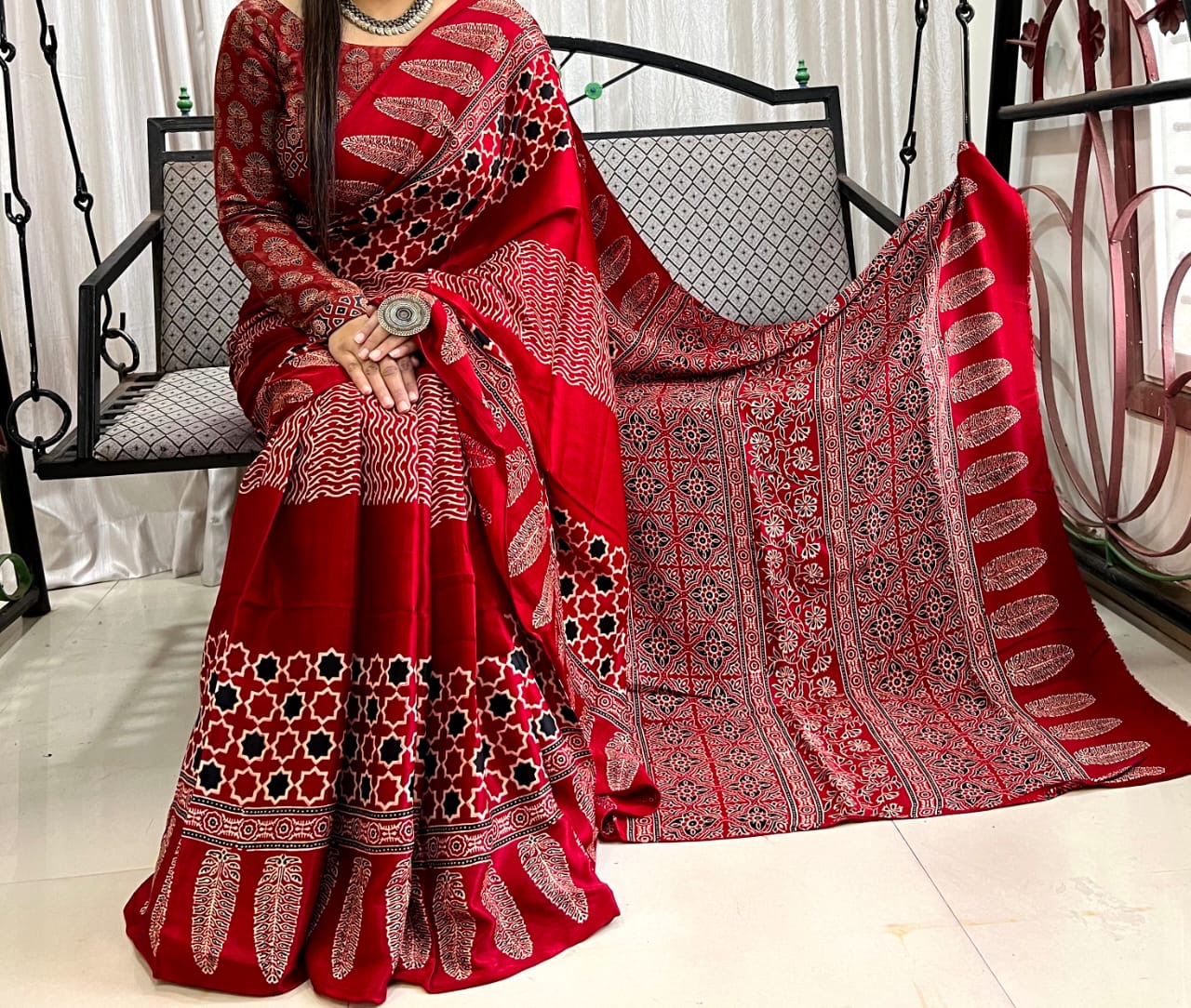 Modal silk saree Ajrakh print from Ajrakhpur - Soft silk