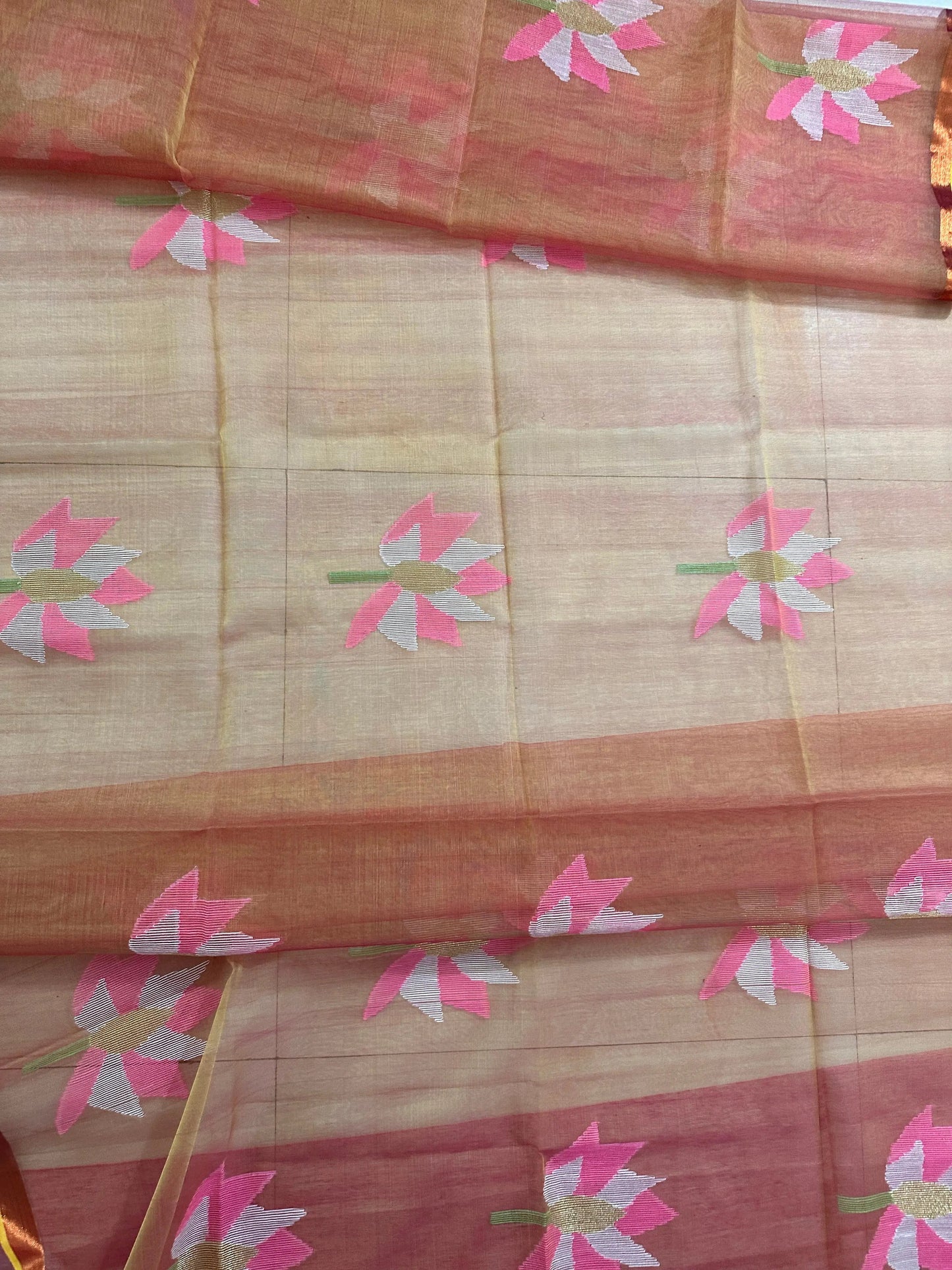 Peach coloured dual tone hand weaving Bengal Muslin saree of handweaving lotus Putul's Fashion
