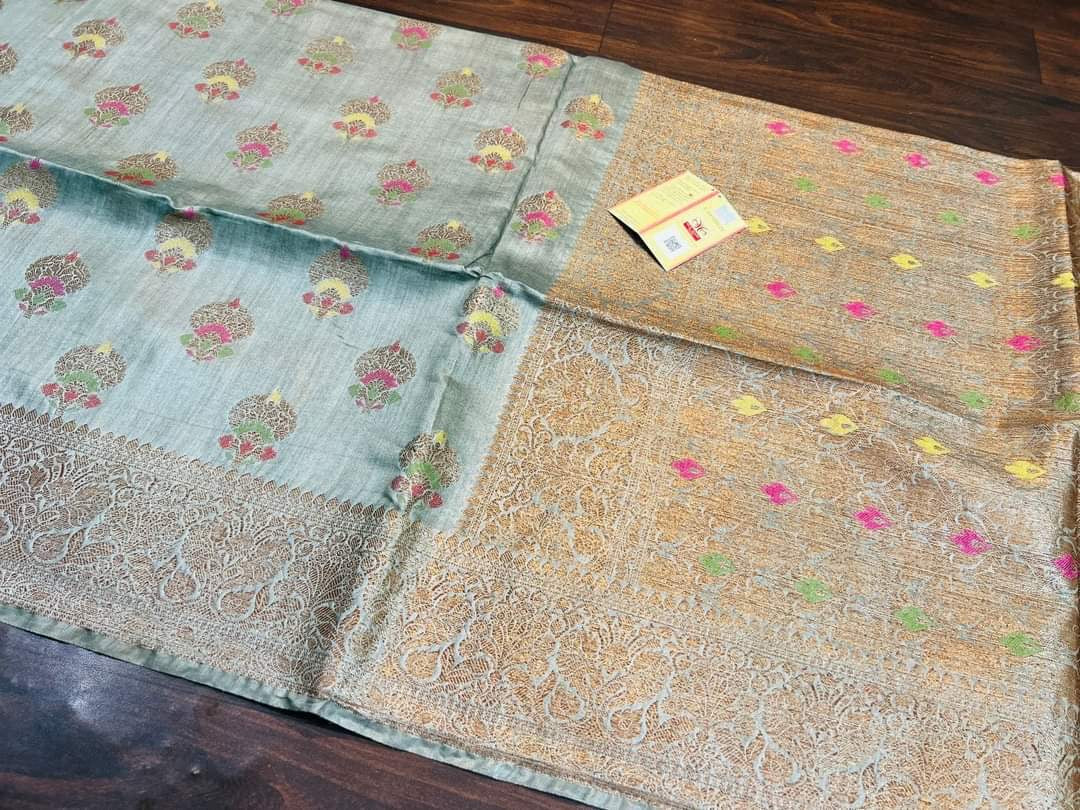 Tussar Muga banarasi saree silk mark certified meenakari weaving - Gray - muga banarasi