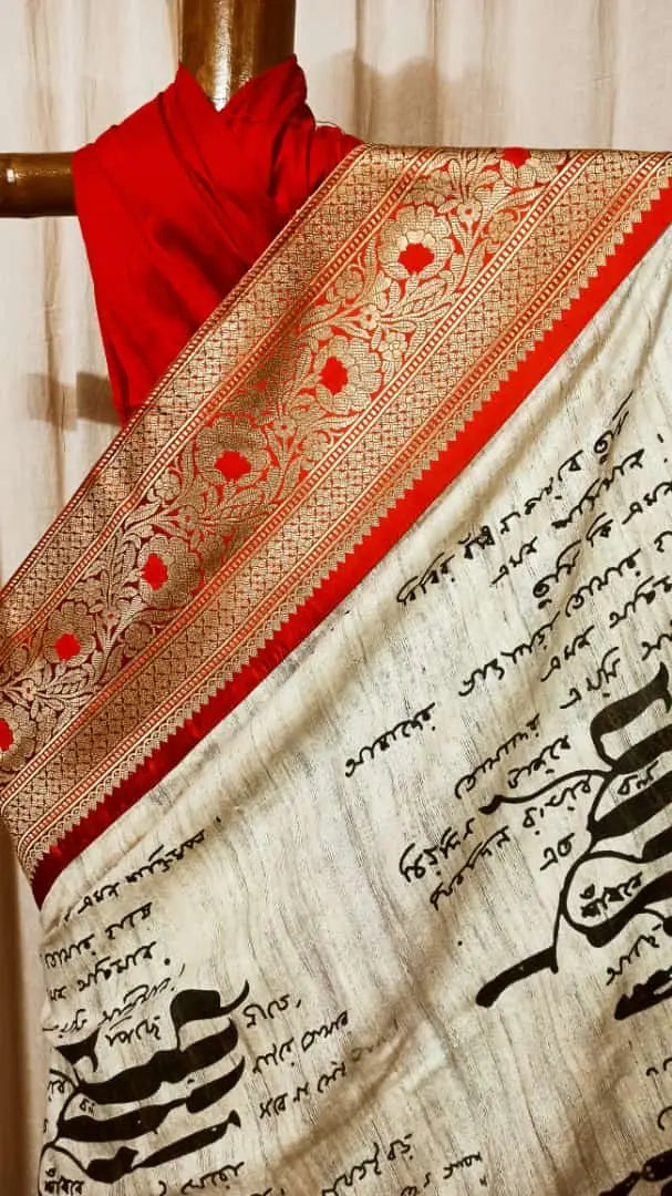 Block print scripts saree of kobiguru tussar silk My Store