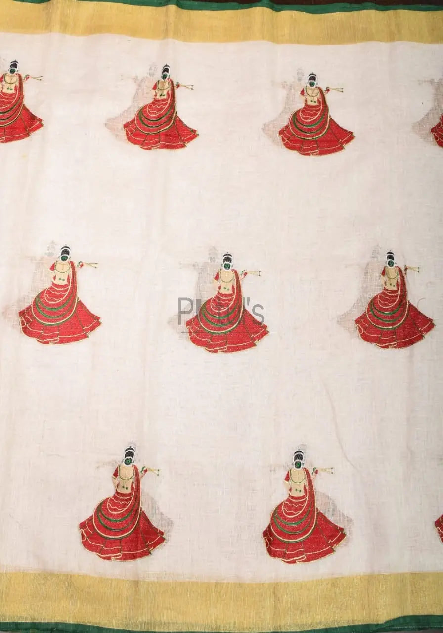 Linen saree with beautiful dancing lady on the saree Putul's Fashion