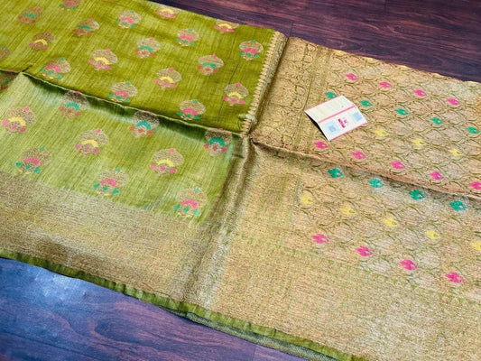 Tussar Muga banarasi saree silk mark certified meenakari weaving - Pista - muga banarasi